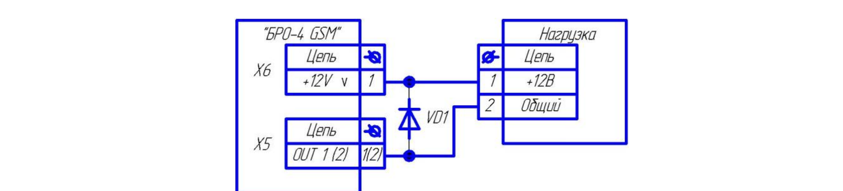 Схема подключения нагрузки при питании от «+12V» блока БРО-4 GSM: колодки X6, X5(OUT), диод VD1